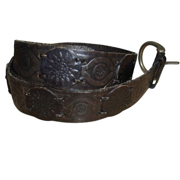 Vintage Tooled Leather Belt Floral Embossed Brass Buckle Medium